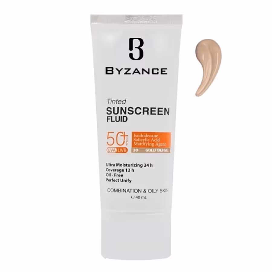 کرم ضد آفتاب رنگی SPF50 بژ طلایی 30 پوست چرب بیزانس
