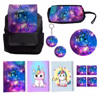 کوله پشتی مدل یونیکورن تک شاخ به همراه دفتر مشق و جامدادی و زیر لیوانی و جاکلیدی کد A1 Unicorn مجموعه 12 عددی | کالا مکس