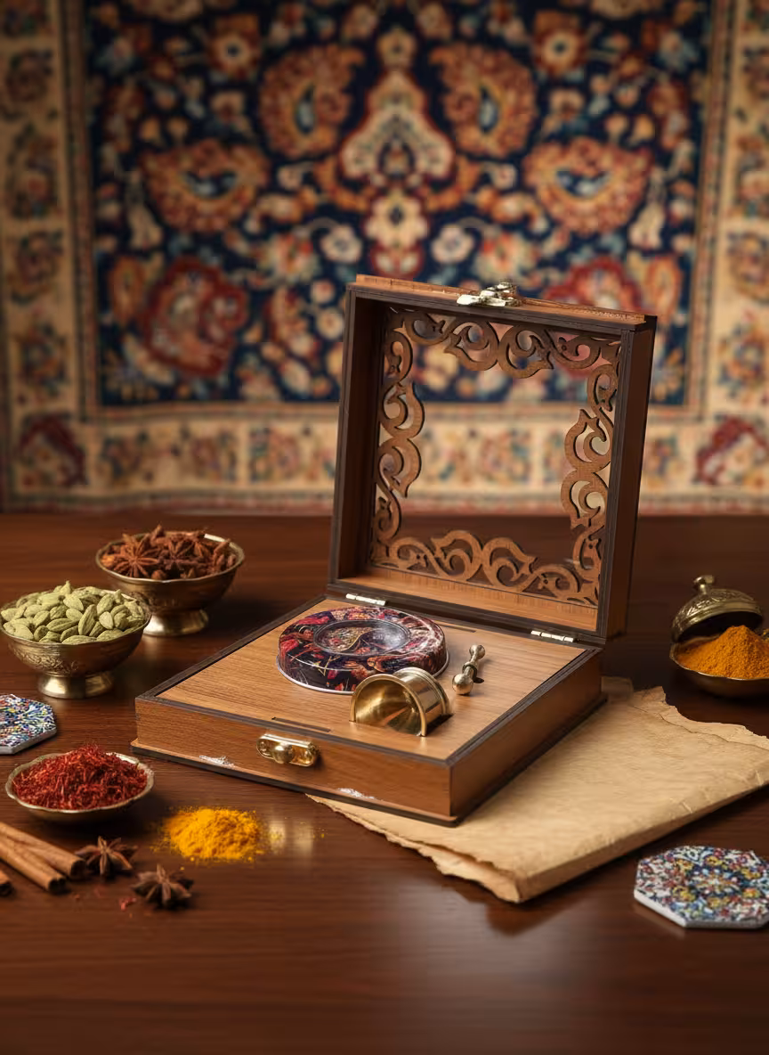 جعبه هدیه زعفران با ظرف فلزی زعفران طرح ترنج و هاونگ