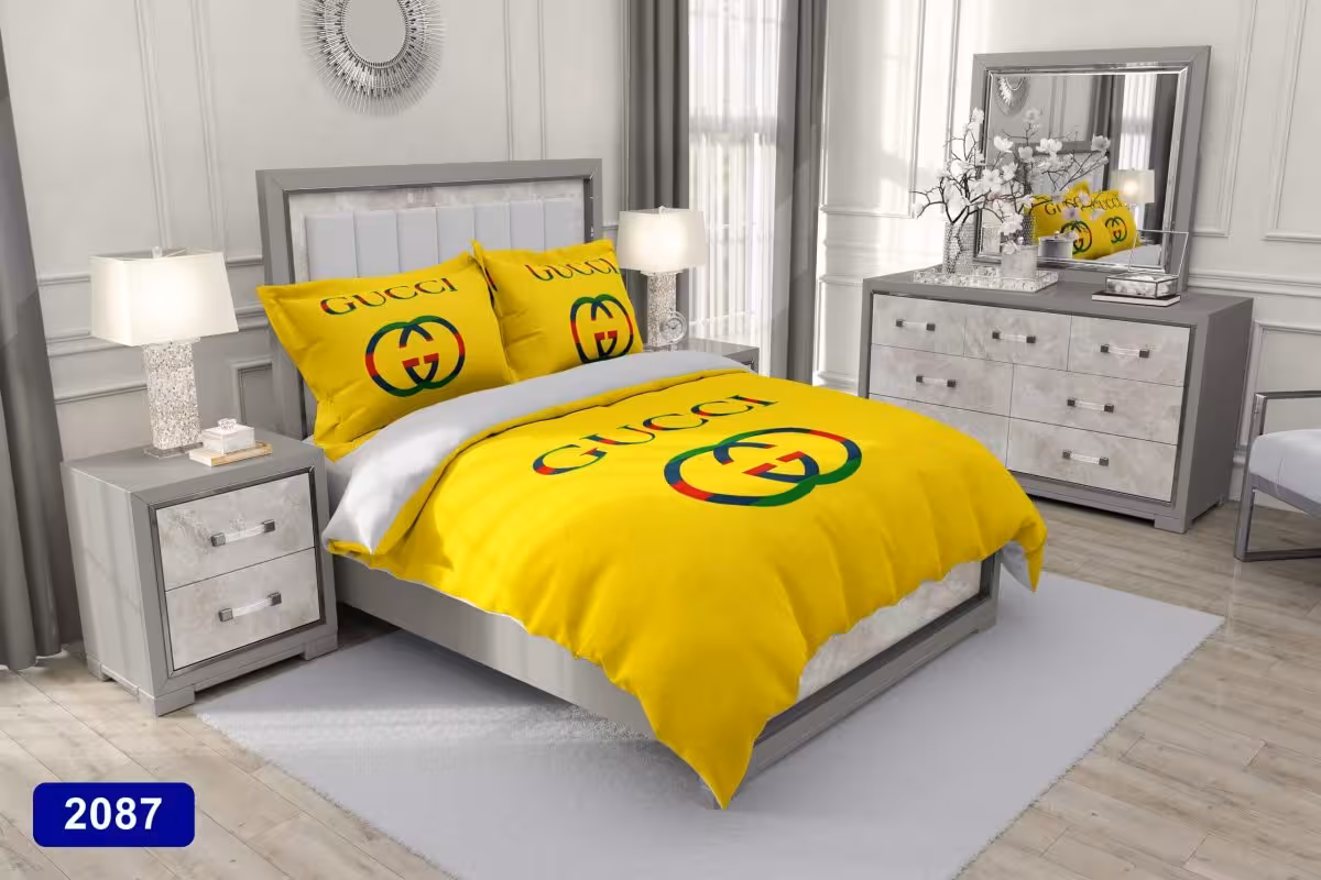 سرویس لحاف روتختی سه بعدی کارینا دو نفره مدل گوچی زرد