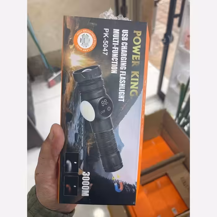 چراغ قوه COB دار درجه یک پر نور فلزی پاورکینگ POWER KING PK-5047 برد 3 کیلومتر