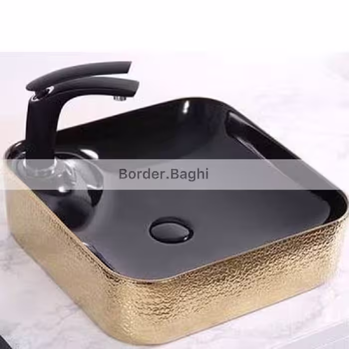 کاسه روشویی مدل طلایی مشکی پوست ماری شیر خور مربع