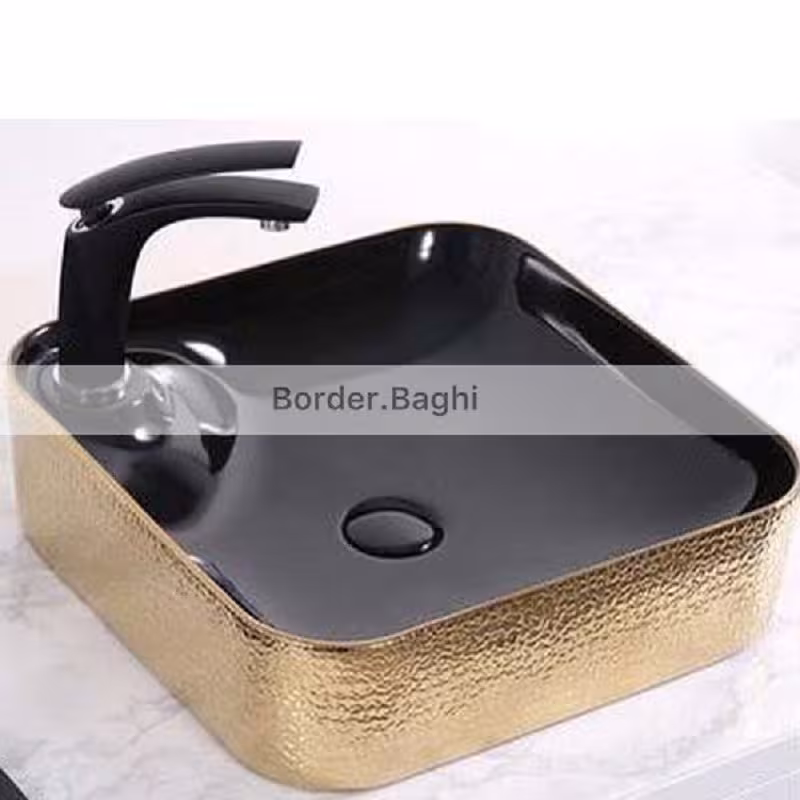 کاسه روشویی مدل طلایی مشکی پوست ماری شیر خور مربع