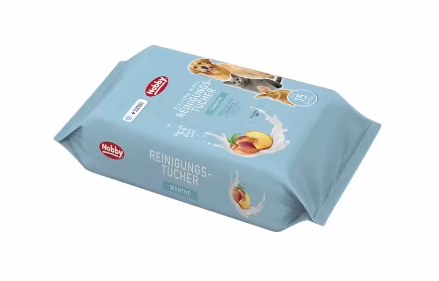 دستمال مرطوب مخصوص سگ و گربه و جوندگان با موهای حساس با رایحه هلو برند nobby نوبی 15*20 سانتی 15 عددی