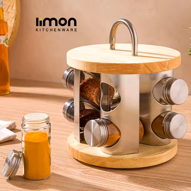 جا ادویه گردان 8 عددی چوب و استیل لیمون