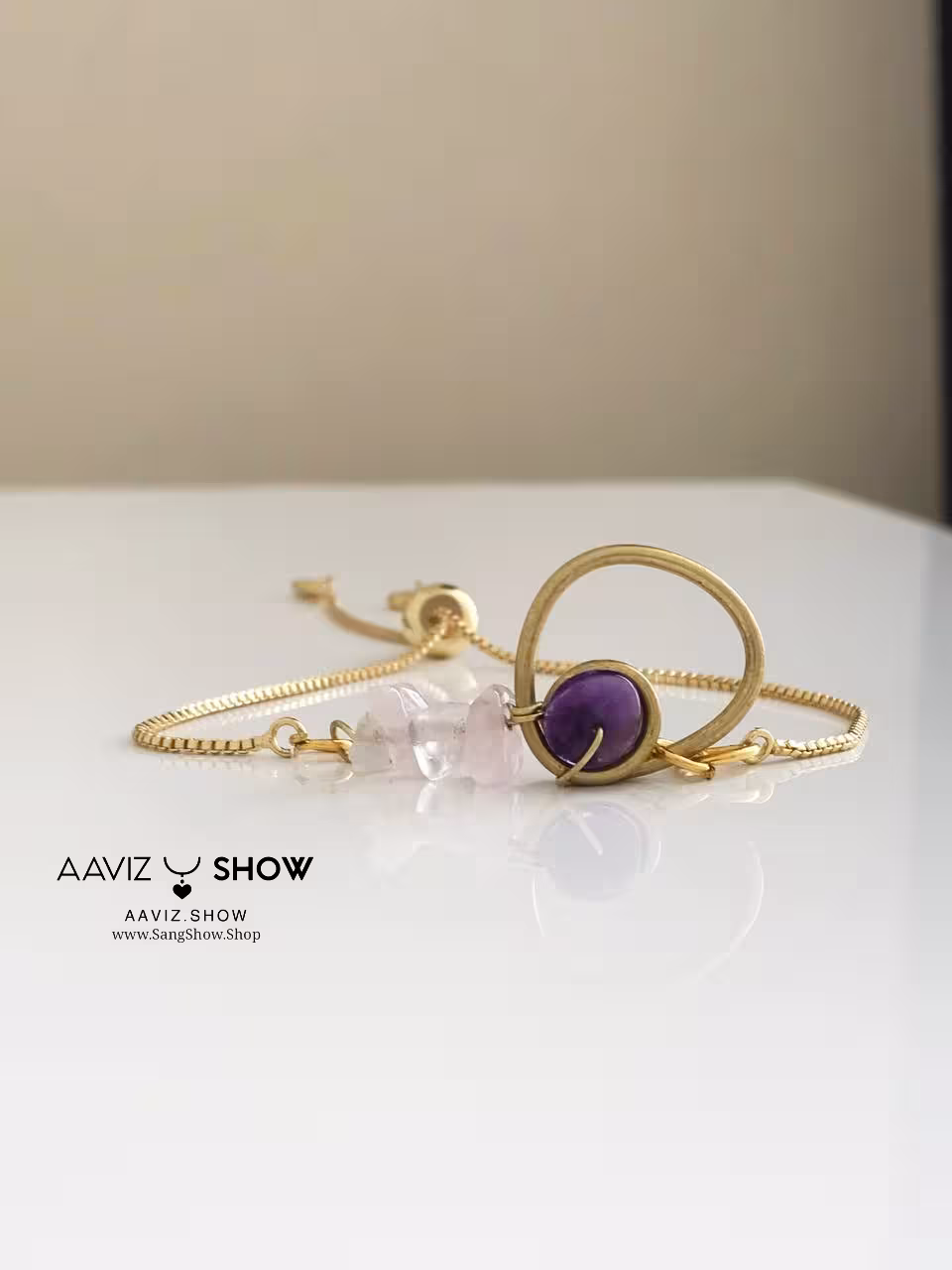 دستبند سنگ آمیتیست و رز کوارتز لاکچری با بند آسانسوری D010