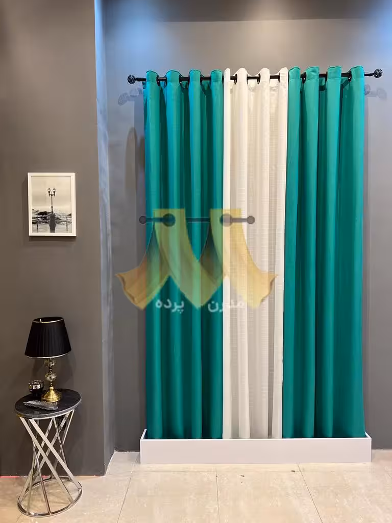 پرده آماده پانچی کتان ساده سبز آبی