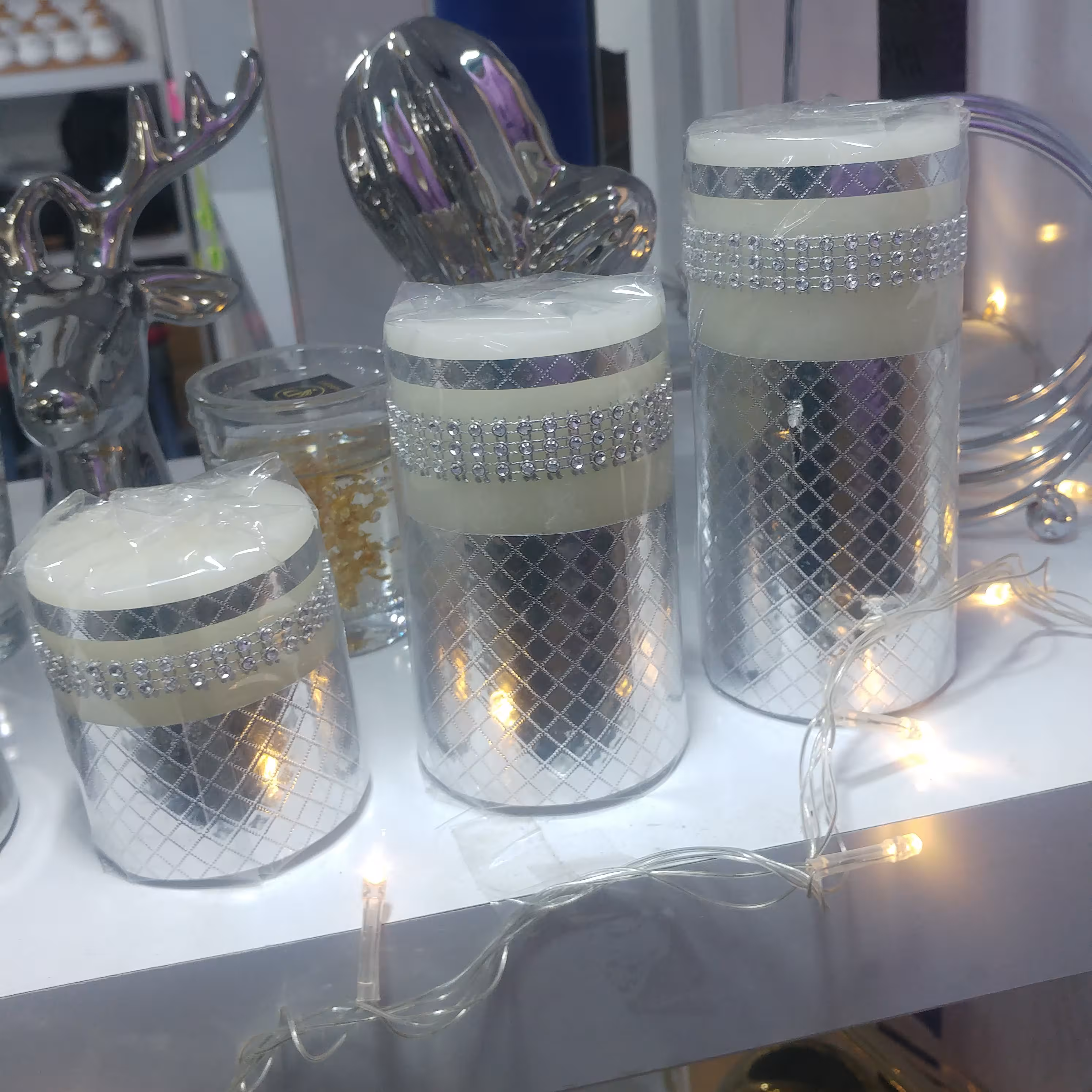 شمع سه سایز زیبا و دکوری رنگ  نقره ای