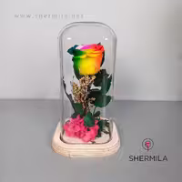 رز جاودان طبیعی در تنگ شیشه ای با پایه چوبی