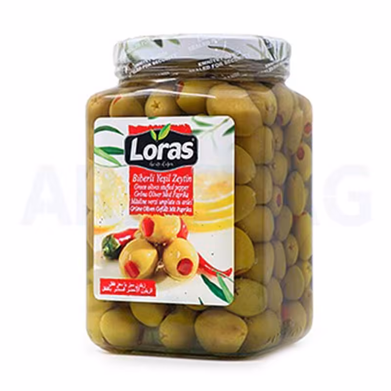 زیتون سبز بدون هسته با مغز فلفل قرمز لوراس Loras وزن 1.5 کیلویی