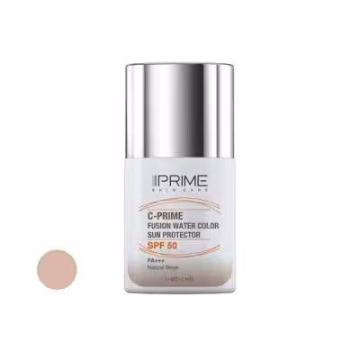 فلوئید ضد آفتاب رنگی پرایم، SPF 50، مدل فیوژن واتر، مناسب انواع پوست با تنالیته متوسط و حجم 40 میلی لیتر، محافظتکننده در برابر اشعههای PA ،UVA ،UVB، دارای فرمولاسیون فاقد چربی، ویتامین سی و آنتی اکسیدان، با ماندگاری 4 ساعته