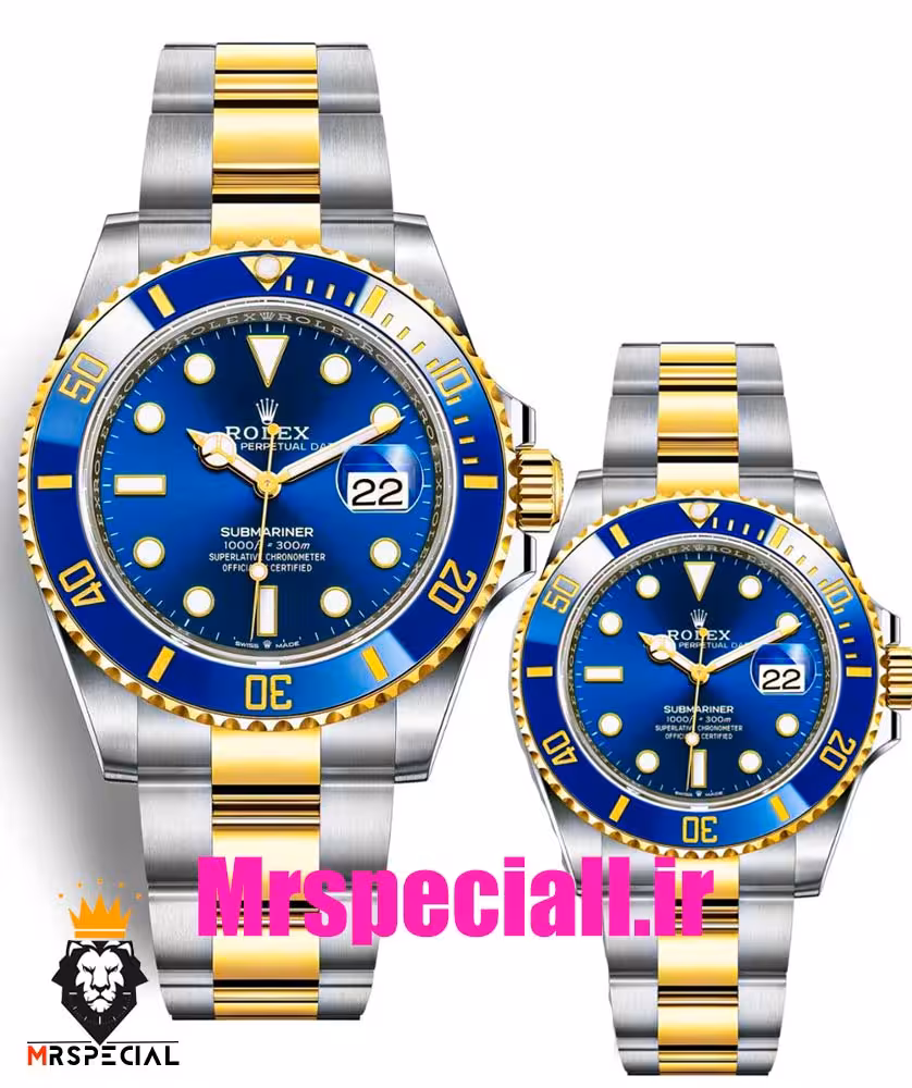 ساعت ست رولکس مردانه و زنانه ساب مارینر باتری دورنگ طلایی صفحه ابی 01085 Rolex Sub mariner