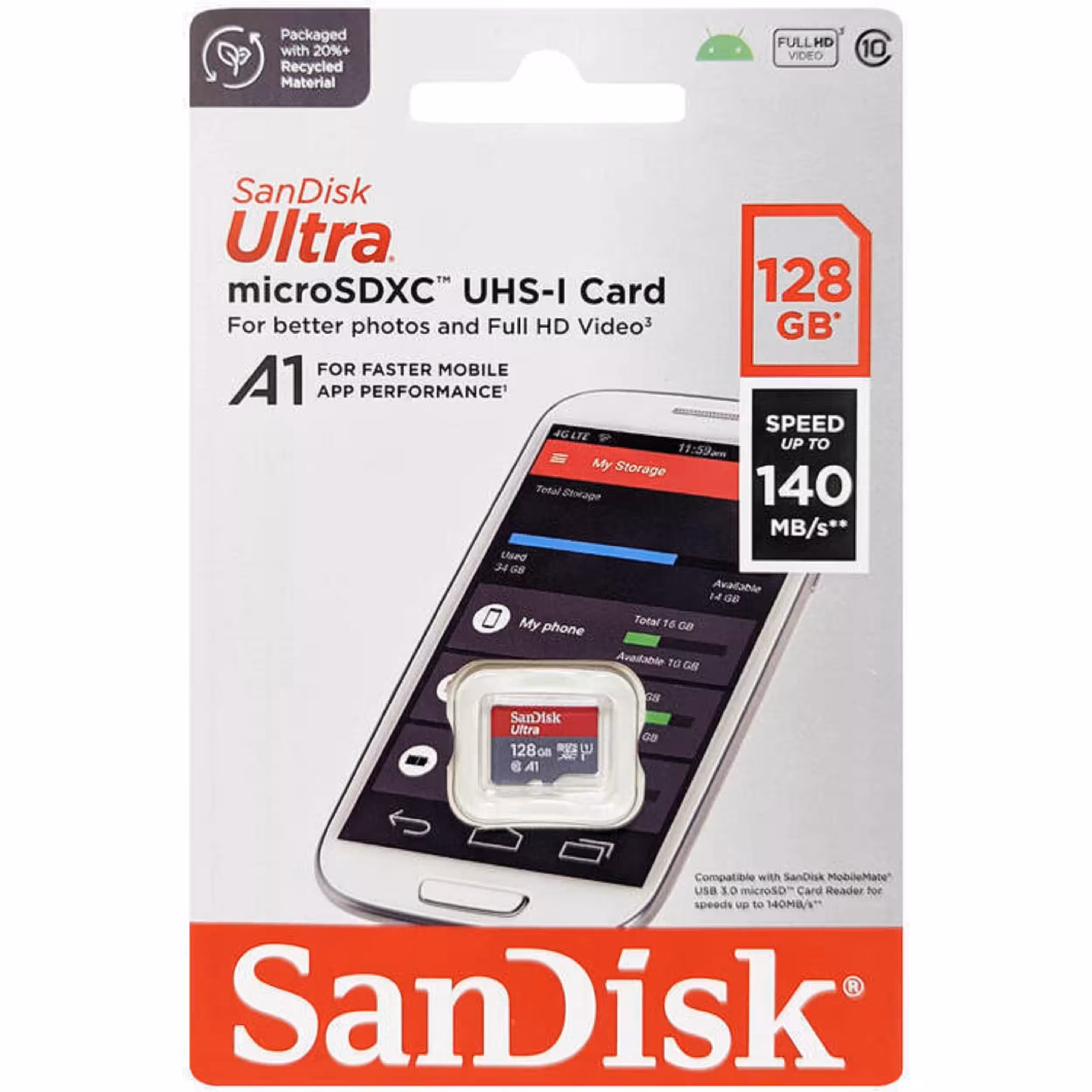 کارت حافظه microSDXC سن دیسک مدل Ultra A1 کلاس 10 استاندارد UHS-I سرعت 140MBps ظرفیت 128 گیگابایت