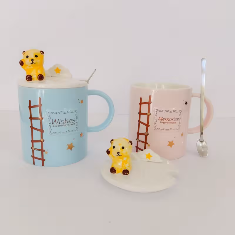 ماگ سرامیکی طرح خرسی درب دار - لیوان خرسی برجسته - لیوان عروسکی والنتاین