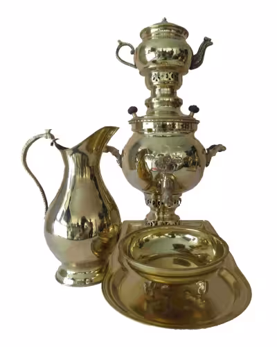 سماور ذغالی 3 لیتری برنجی با سرویس کامل