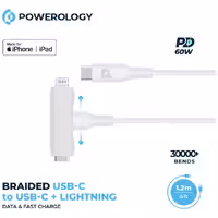 کابل تبدیل USB-C به لایتنینگ و USB-C پاورولوژی مدل Braided به طول 1.2 متر