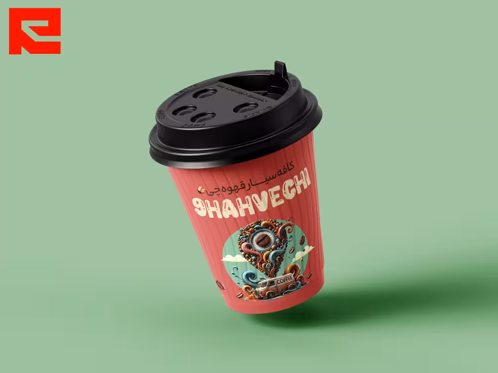 دانلود طرح لایه باز لیبل و لیوان کافه سیار برای لیوان کاغذی رنگ صورتی کد 445