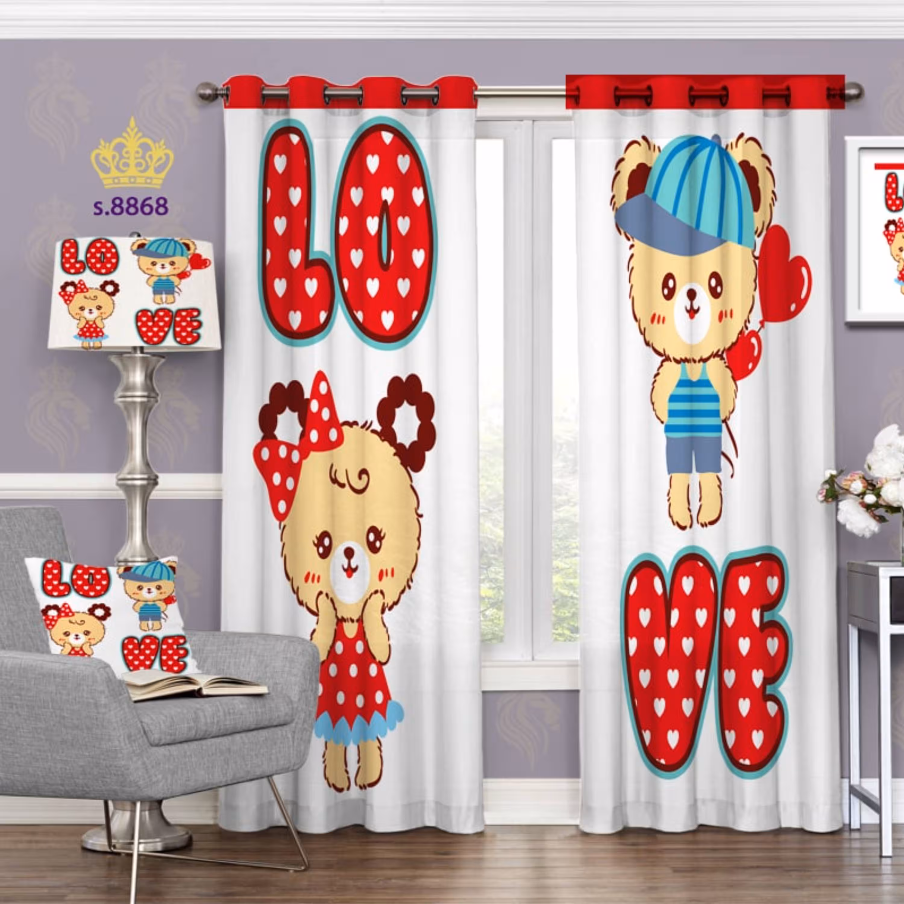 پرده اتاق کودک - طرح خرس دختر و پسر - کد 8868