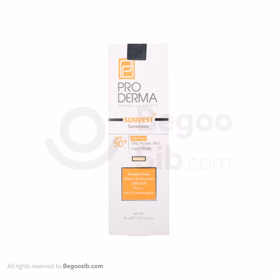 کرم ضد آفتاب پرودرما spf 50 فاقد چربی بژ روشن 40 میلی لیتری