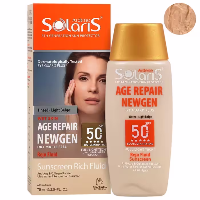 فلوئید رنگی ضد آفتاب و ضد چروک spf50 سولاریس آردن بژ طبیعی مدل ایج ریپیر نیوژن 75 میلی لیتری