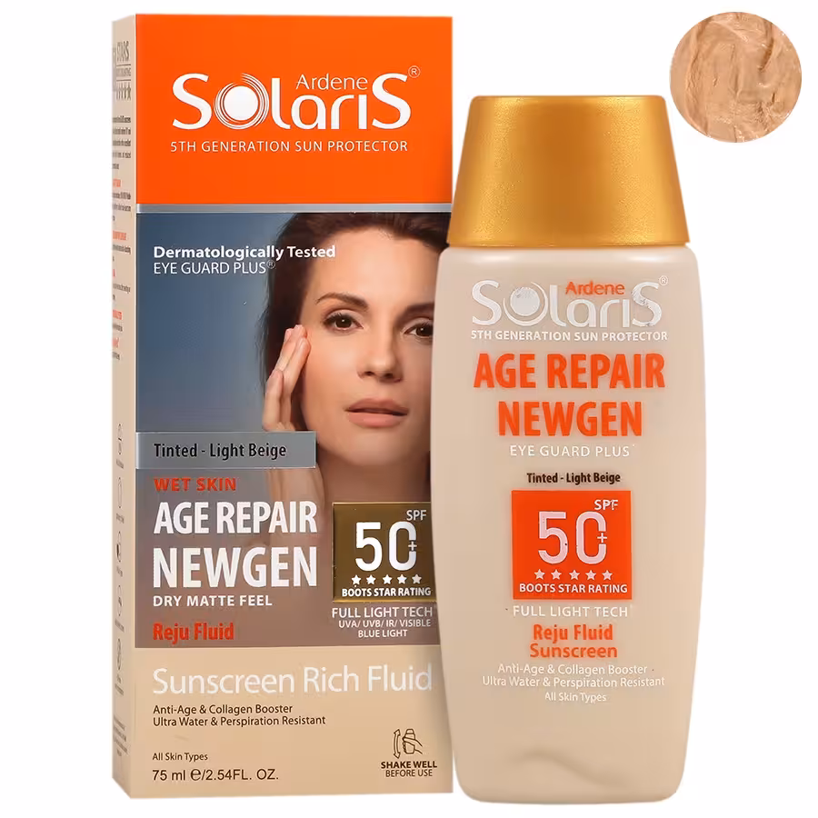 فلوئید رنگی ضد آفتاب و ضد چروک spf50 سولاریس آردن بژ طبیعی مدل ایج ریپیر نیوژن 75 میلی لیتری