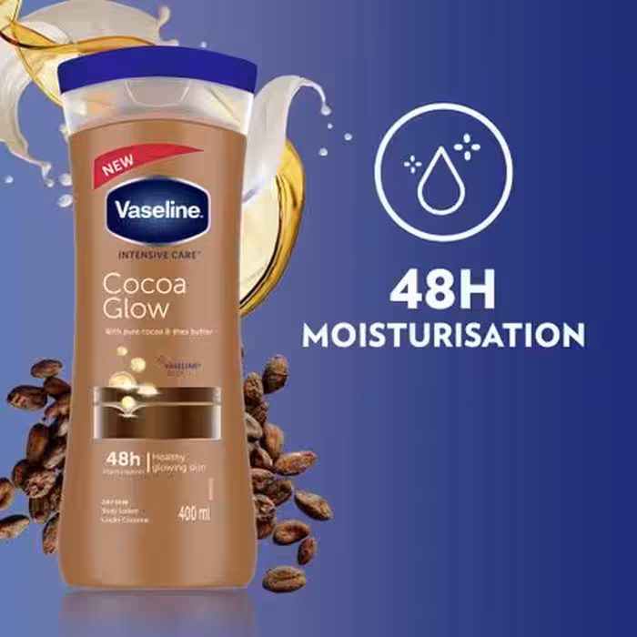 لوسیون بدن کاکائویی وازلین Vaseline مدل cocoa glow مناسب پوست خشک حجم 400 میلی