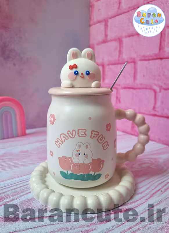 ماگ سرامیکی دسته مرواریدی طرح خرگوش 3