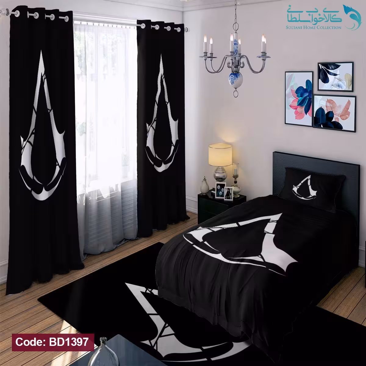 روتختی طرح سفید مشکی یکنفره کد BD1397