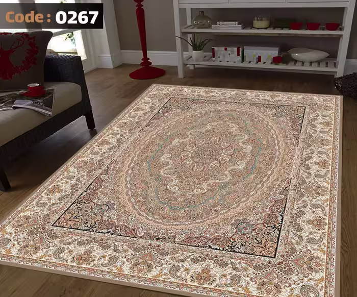 کاورفرش روفرشی دورکشدار گوشه لیفه ای کرم  قهوه ای کد 0267