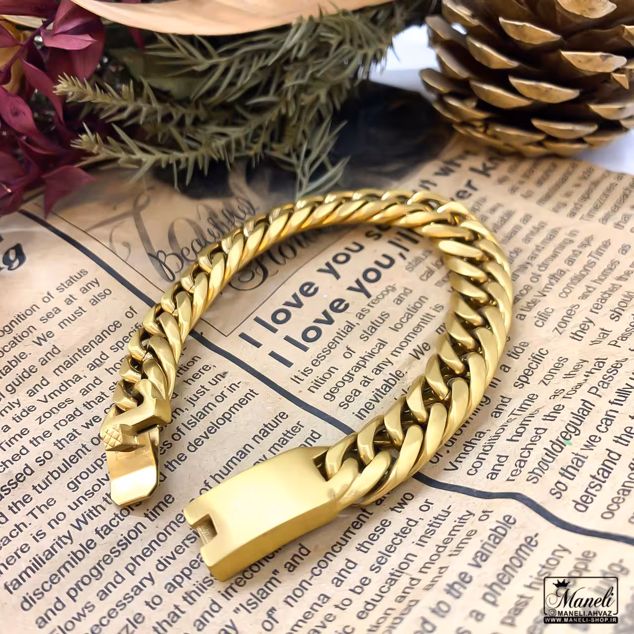 دستبند کارتیری پهن | طلایی | قفل کوبایی 14011231