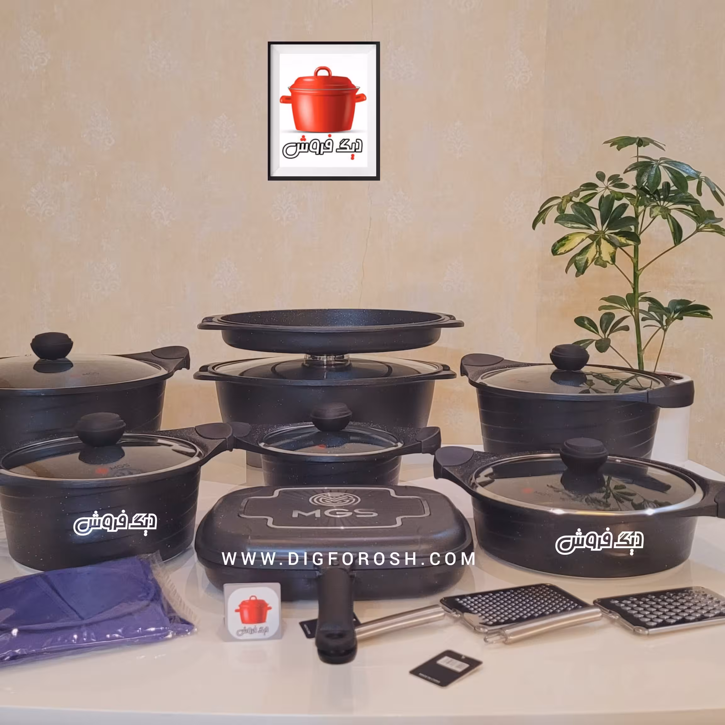 سرویس قابلمه چدن گرانیت 20پارچه ام جی اس طرح کره B  ماربل رنگ مشکی طوسی رزگلد(ارسال رایگان و فوری)باضمانت