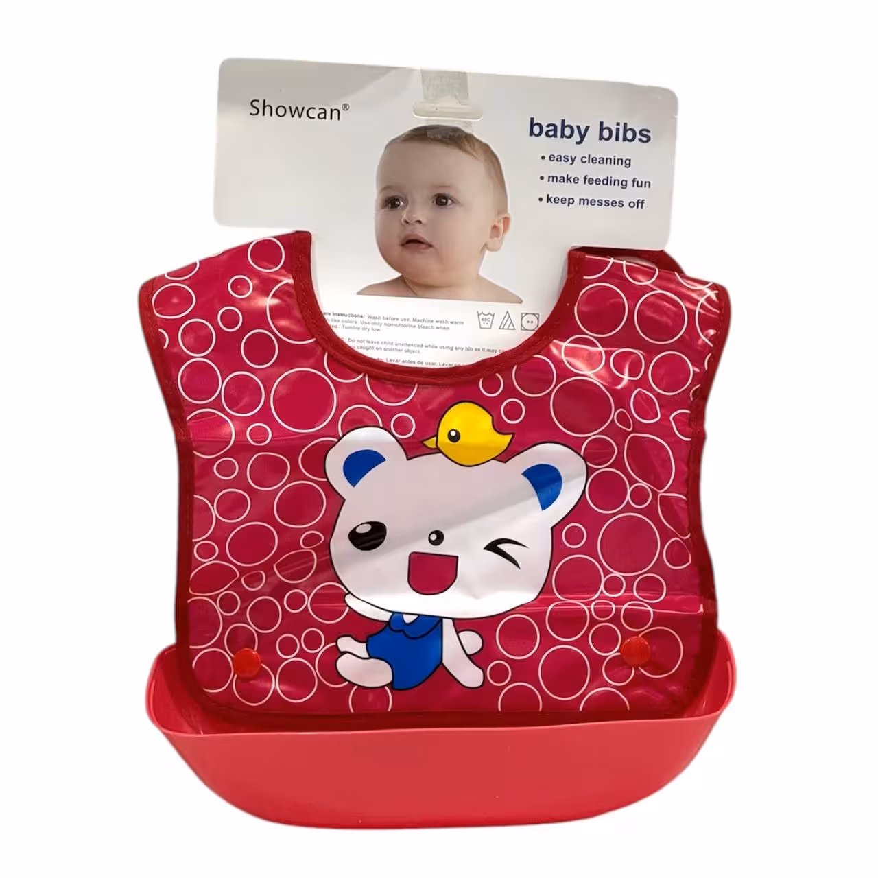 ظرف غذای کودک به همراه پیشبند رنگ قرمز