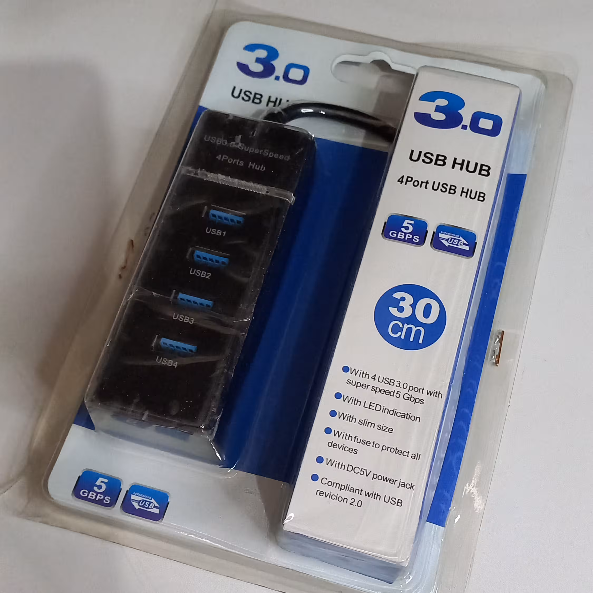 هاب 4پورت usb3 طلق آبی طول کابل 30 سانتی متر