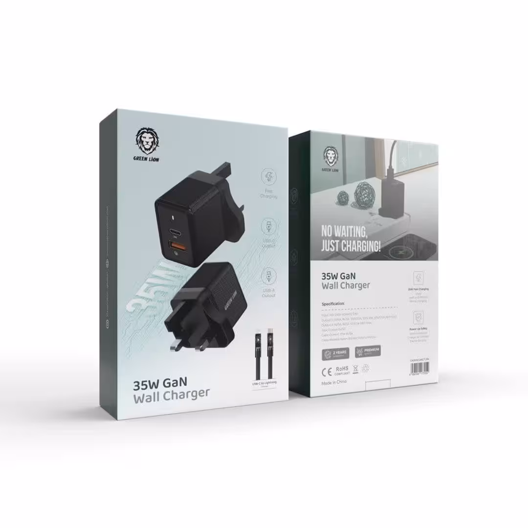 شارژر دیواری گان 35 واتی گرین Green 35W Gan Wall Charger with USB-C to Lightning Cable