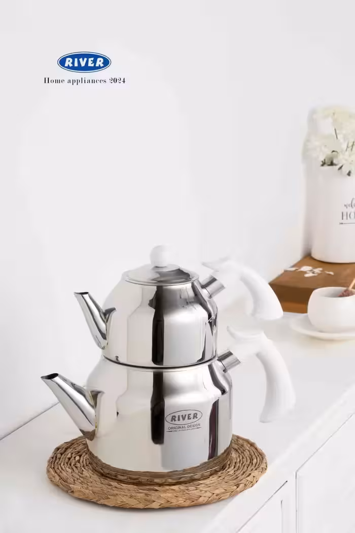 کتری قوری استیل لوله دار 3لیتر دسته باکالیت سفید ریور کد 2166