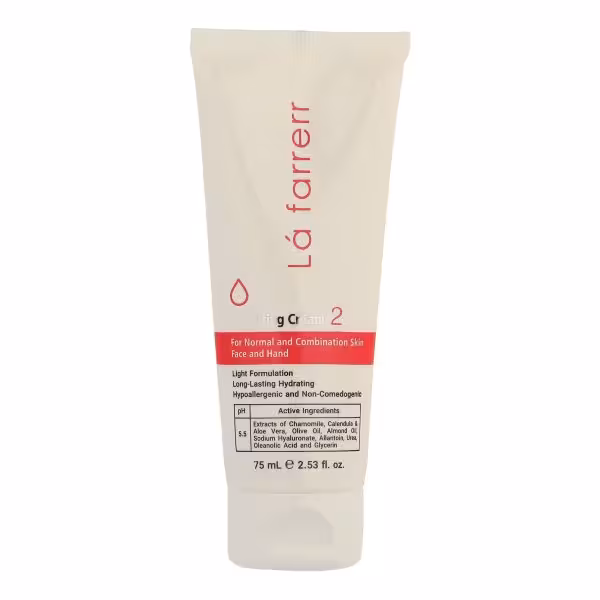 کرم مرطوب‌کننده و آبرسان دست و صورت لافارر مدل 02 مناسب پوست‌های معمولی و مختلط حجم 75 میلی‌لیتر