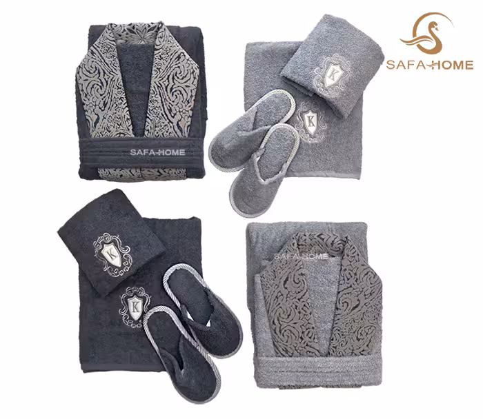 ست حوله دوقلو لوکس طرح مدرن طوسی سرمه‌ای