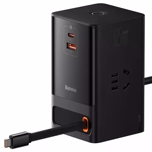 شارژر رومیزی و آداپتور برق سوپر فست شارژ 65 وات با کابل تایپ سی جمع شونده بیسوس Baseus Gan5 Pro Digital Power Strip PSLR000001