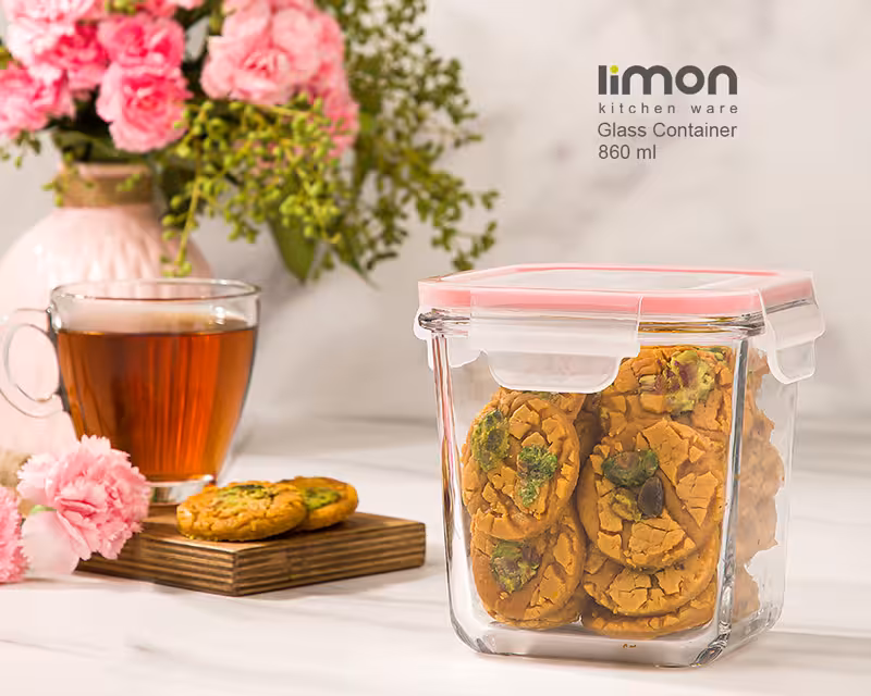 ظرف شیشه ای لیمون مدل مربع دربدار 860 میلی لیتر کد 1984