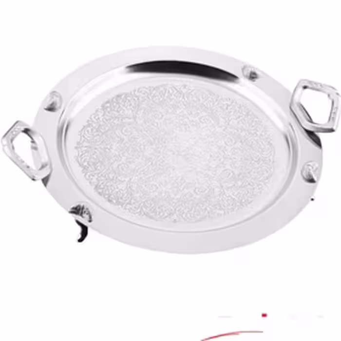 سینی استیل گرد پایه دار طرح دار فریم سانا دسته حلقه نگین صدفی دیاکو کد 324/5P