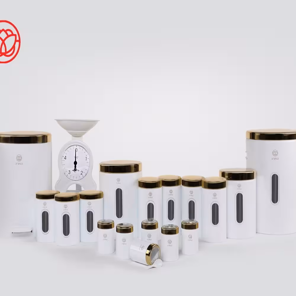 سرویس آشپزخانه اورانوس 18 پارچه استوانه ای سفید طلایی 