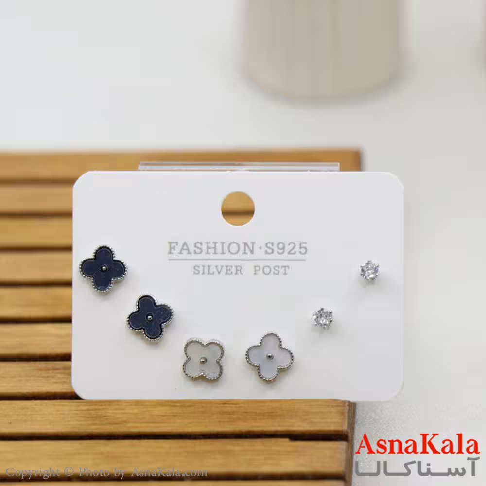 گوشواره زنانه استیل 316 پک 3 جفتی ونکلیف میخ نقره ای کد GSH15563W