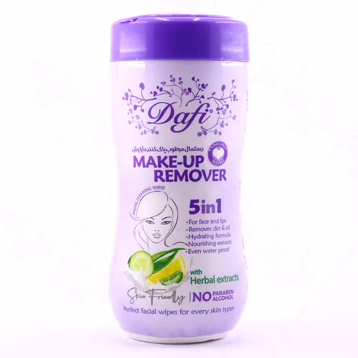 دستمال مرطوب دافی 5 در 1، مناسب انواع پوست، پاک کننده قوی آرایش ضد آب، حاوی عصاره های گیاهی، 70 عددی