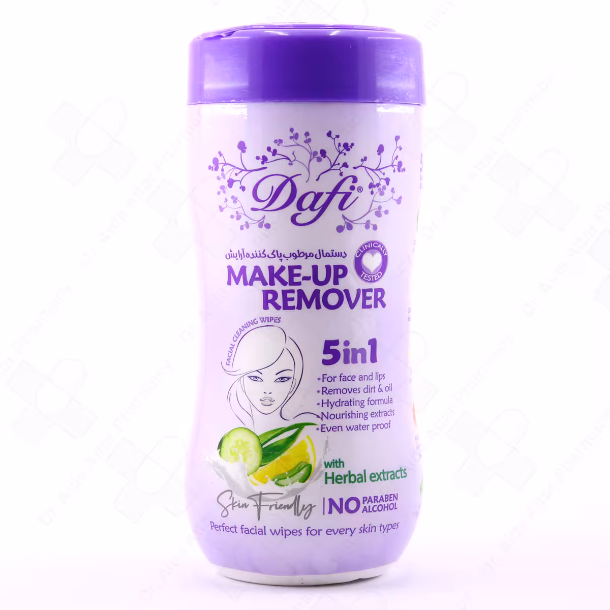 دستمال مرطوب دافی 5 در 1، مناسب انواع پوست، پاک کننده قوی آرایش ضد آب، حاوی عصاره های گیاهی، 70 عددی