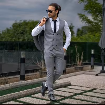 کت و شلوار و جلیقه ی مردانه فاستونی کش طوسی روشن سایز 48و50