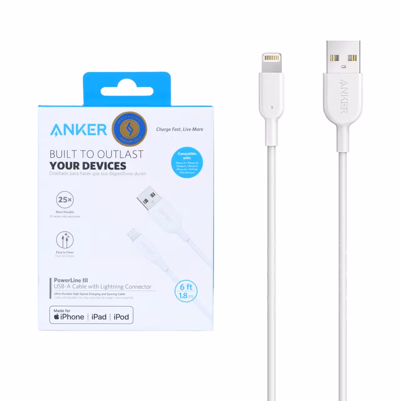 کابل شارژ 1.8 متری آیفون انکر مدل ANKER PowerLine III A8813