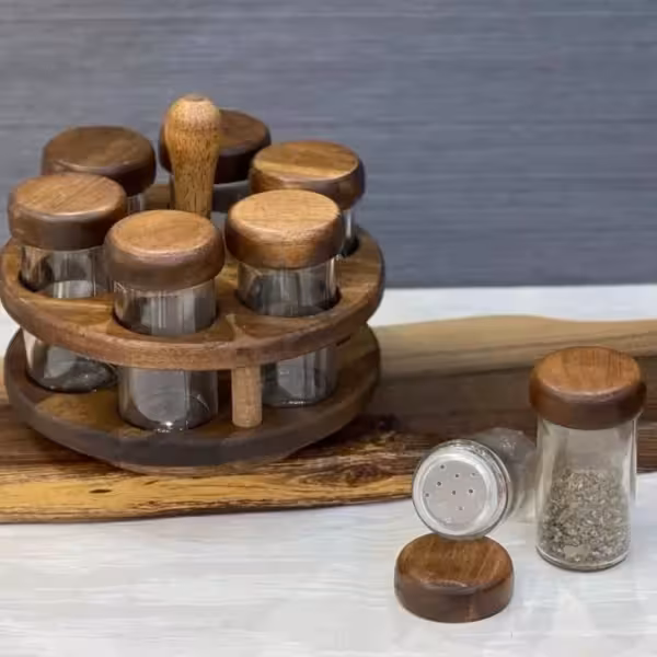 ست جا ادویه 6 عددی گردان چوبی رنگ تیره کد 990620