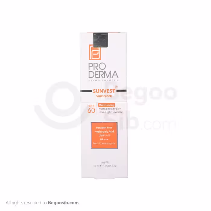 کرم ضد آفتاب و مرطوب کننده بی رنگ پرودرما spf 60 پوست نرمال و خشک 40 میلی لیتری