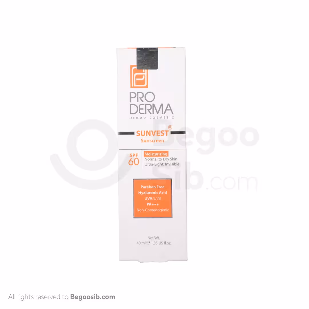 کرم ضد آفتاب و مرطوب کننده بی رنگ پرودرما spf 60 پوست نرمال و خشک 40 میلی لیتری