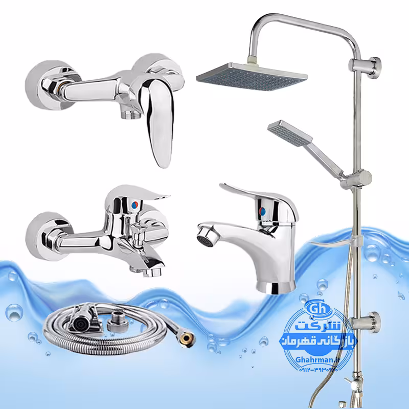 ست 5 عددی شیرآلات برند آیدا صنعت مدل قهرمان | شیر روشویی   شیر توالت   شیر حمام   علم یونیورست رسوب‌گیر اتومات   شلنگ توالت | کروم براق